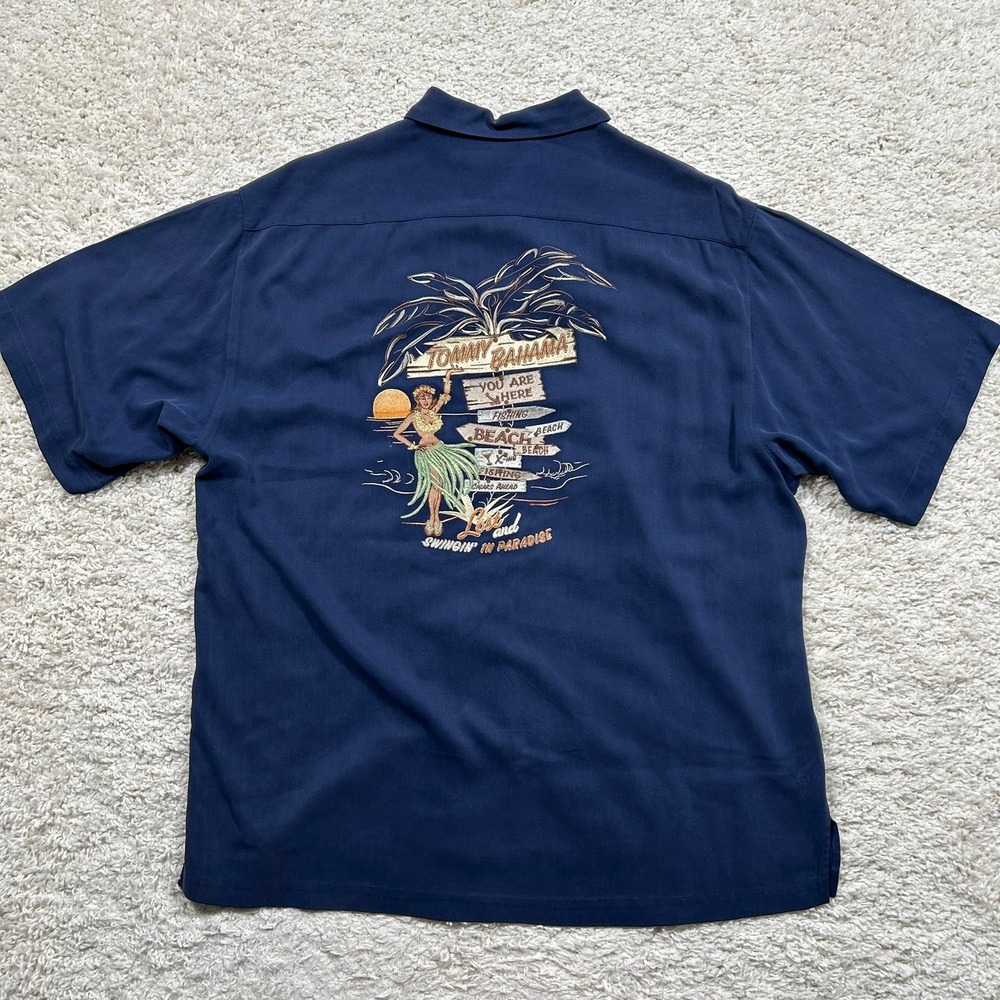 Tommy Bahama Button Up Shirt Large Navy Silk Embroidered Hula Beach Paradise